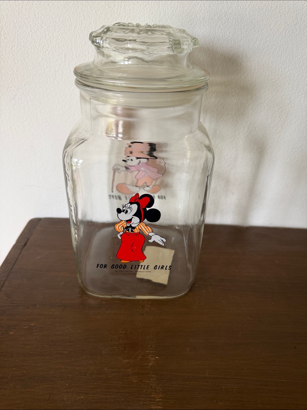 Vintage Minnie and Mickey Mouse Glass Canister - Clear with Red Accent